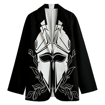 Black And White Spartan Helmet Print Women's Cotton Blazer