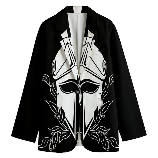 Black And White Spartan Helmet Print Women's Cotton Blazer