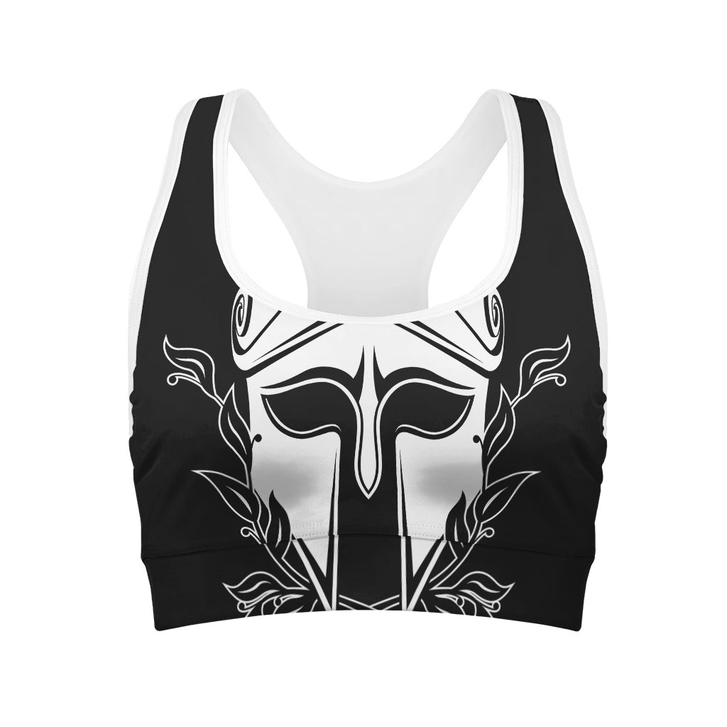 Black And White Spartan Helmet Print Women's Sports Bra