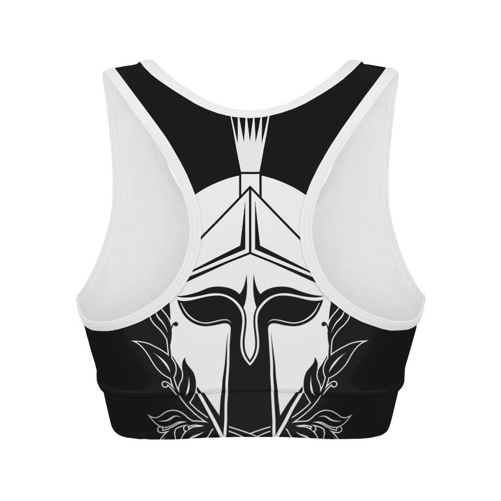 Black And White Spartan Helmet Print Women's Sports Bra