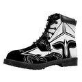 Black And White Spartan Helmet Print Padded Collar Lace Up Boots