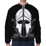 Black And White Spartan Helmet Print Zip Sleeve Bomber Jacket