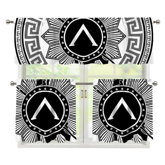 Black And White Spartan Warrior Print 3 Piece Kitchen Curtains