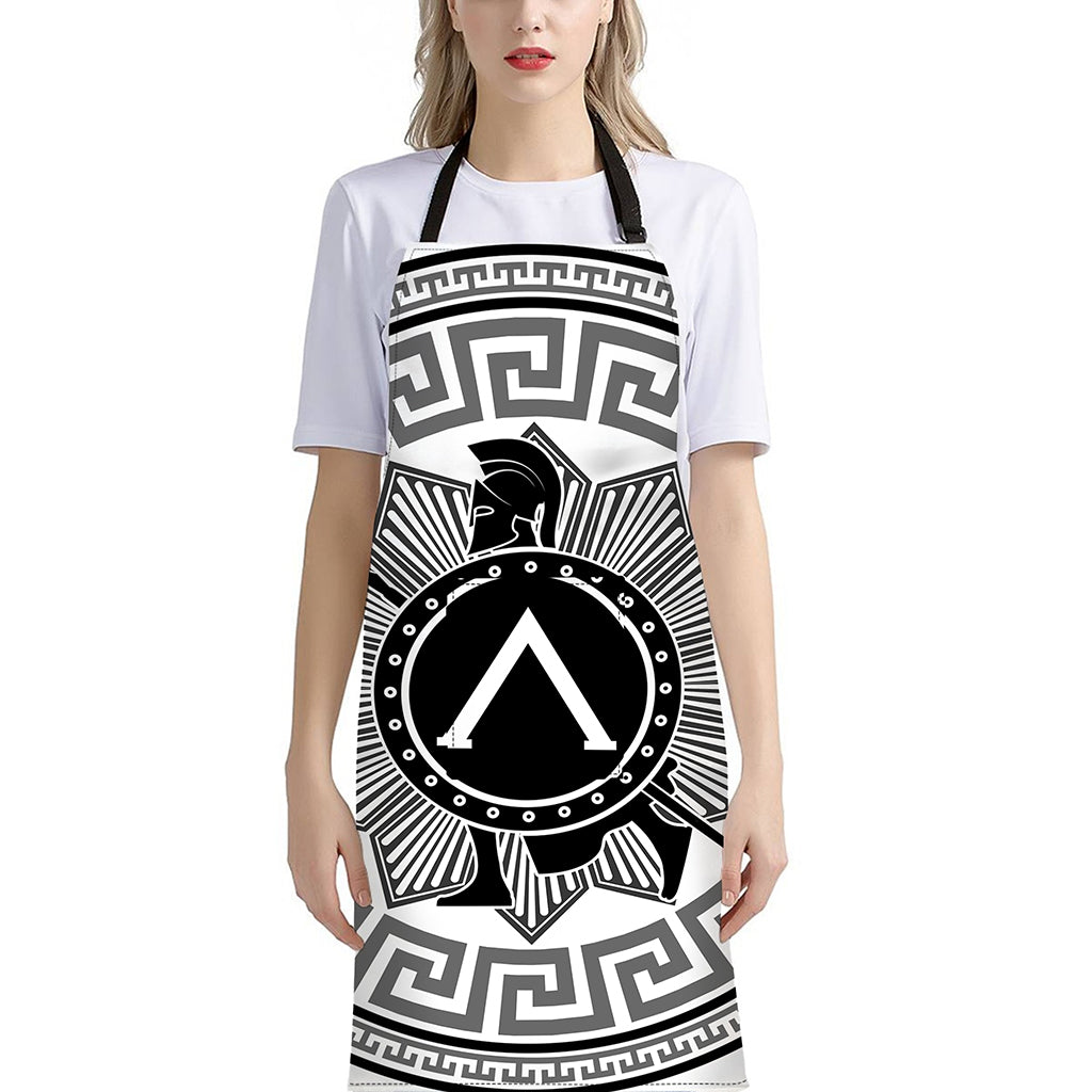 Black And White Spartan Warrior Print Bib Apron With Pocket