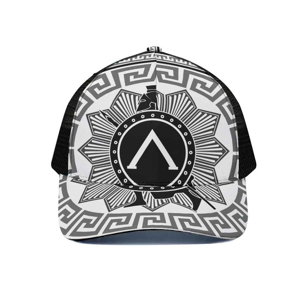Black And White Spartan Warrior Print Black Mesh Trucker Cap