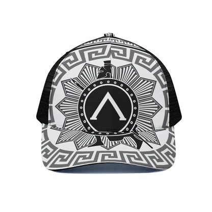 Black And White Spartan Warrior Print Black Mesh Trucker Cap
