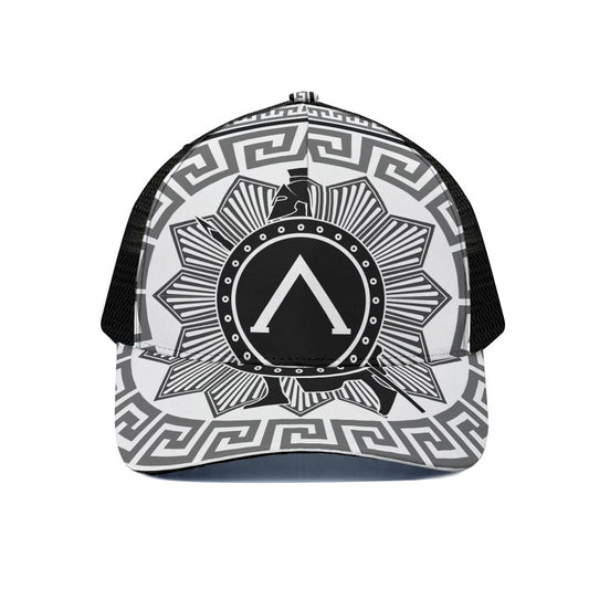 Black And White Spartan Warrior Print Black Mesh Trucker Cap