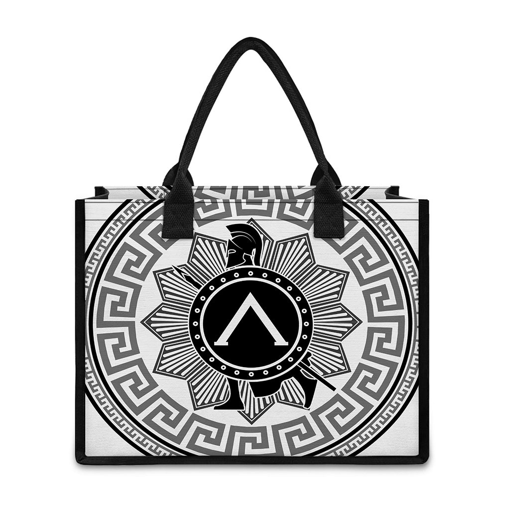 Black And White Spartan Warrior Print Canvas Tote Bag