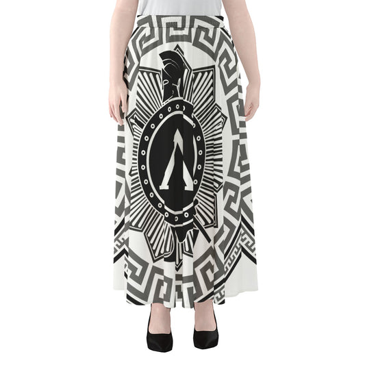 Black And White Spartan Warrior Print Chiffon Maxi Skirt