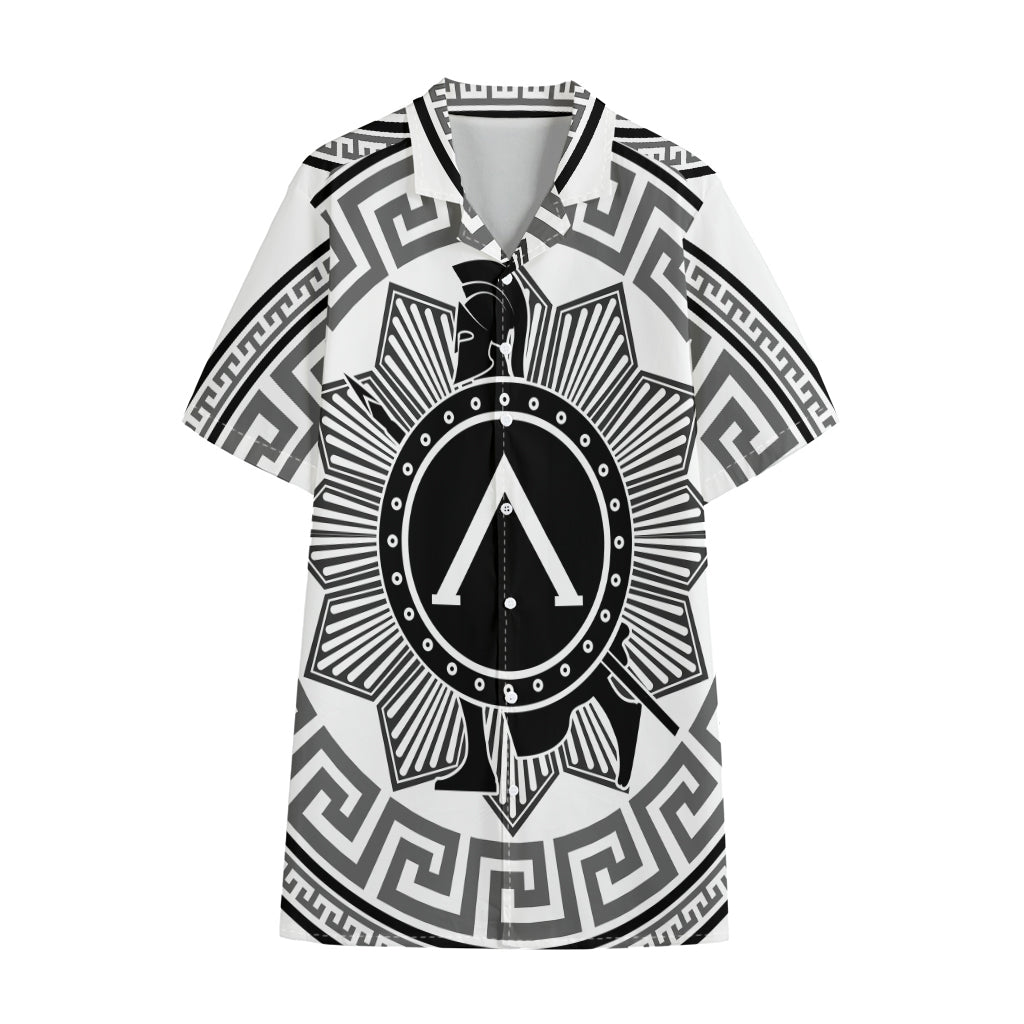Black And White Spartan Warrior Print Cotton Hawaiian Shirt