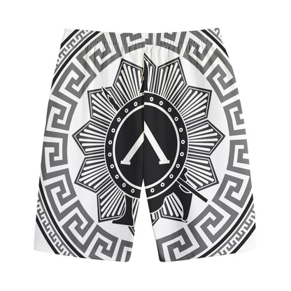 Black And White Spartan Warrior Print Cotton Shorts