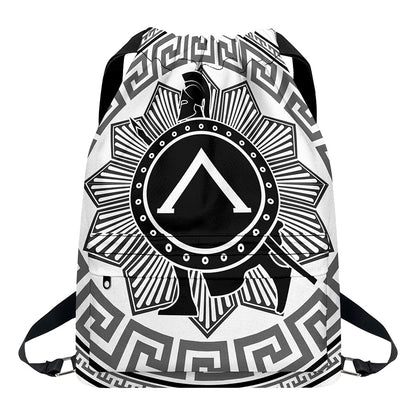 Black And White Spartan Warrior Print Drawstring Backpack