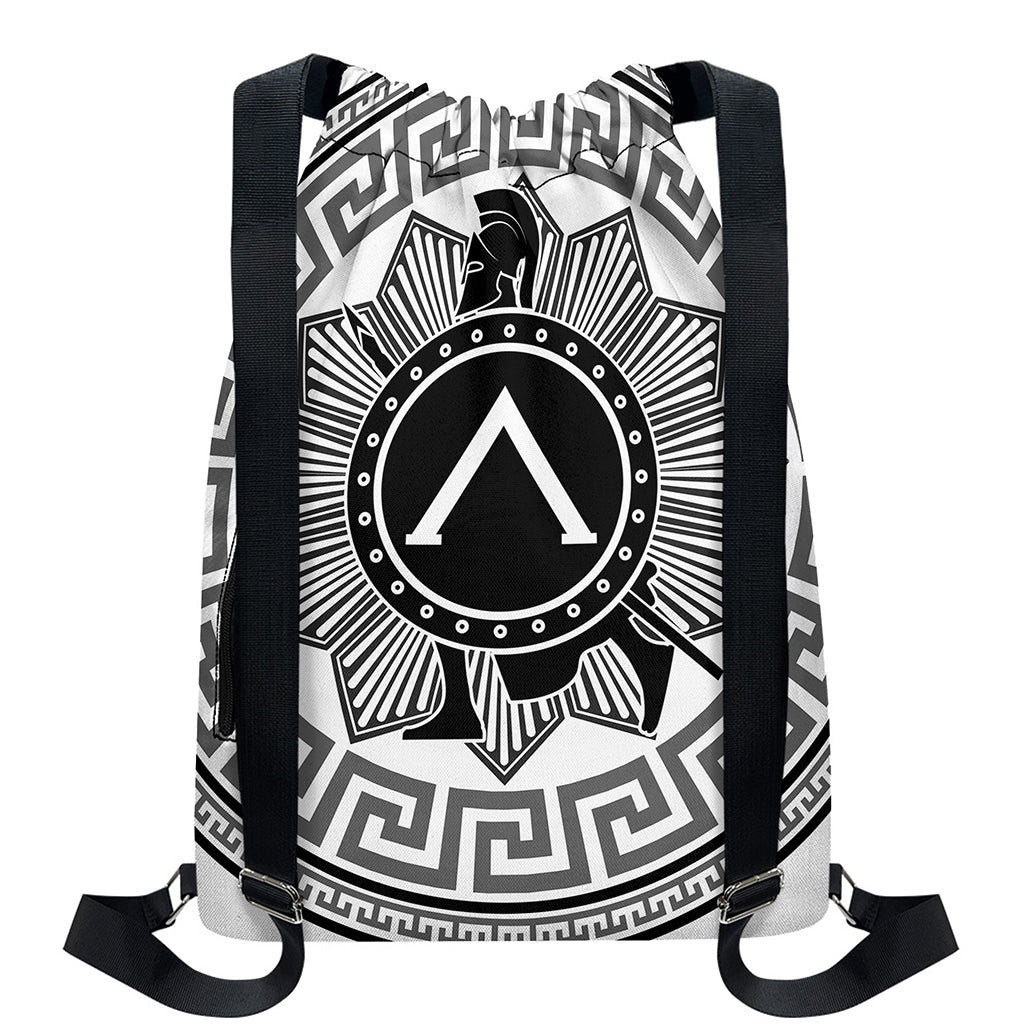 Black And White Spartan Warrior Print Drawstring Backpack