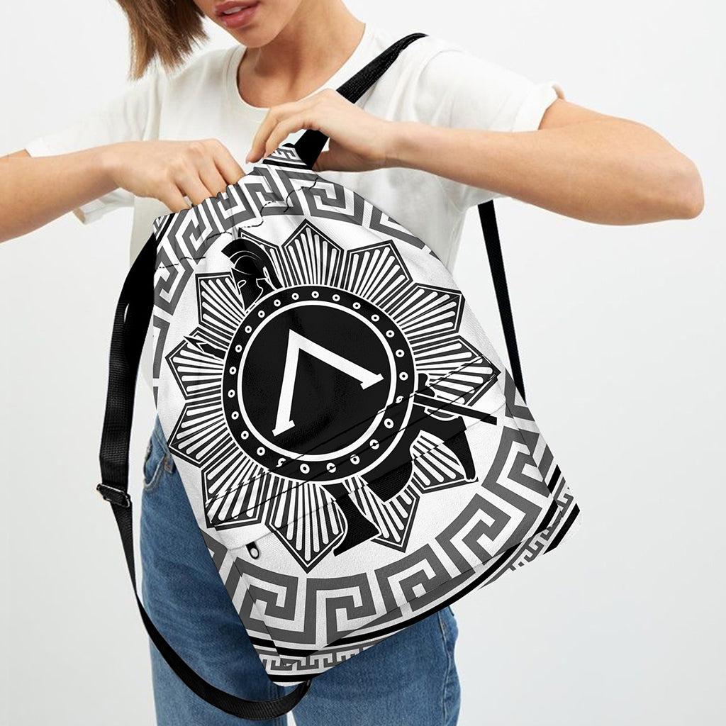Black And White Spartan Warrior Print Drawstring Backpack