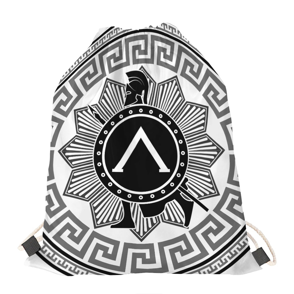 Black And White Spartan Warrior Print Drawstring Bag