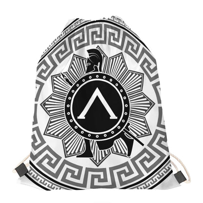 Black And White Spartan Warrior Print Drawstring Bag