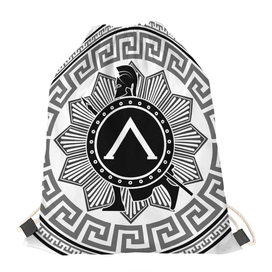 Black And White Spartan Warrior Print Drawstring Bag
