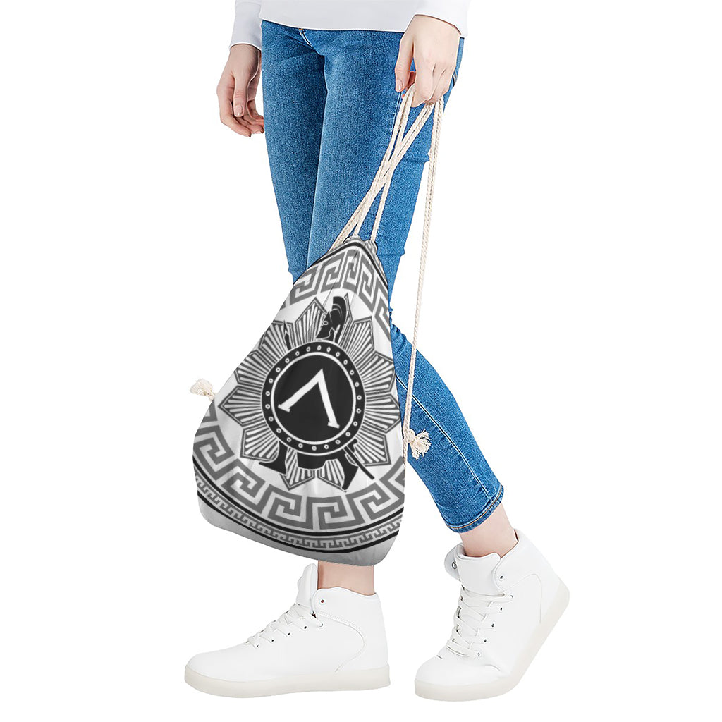 Black And White Spartan Warrior Print Drawstring Bag