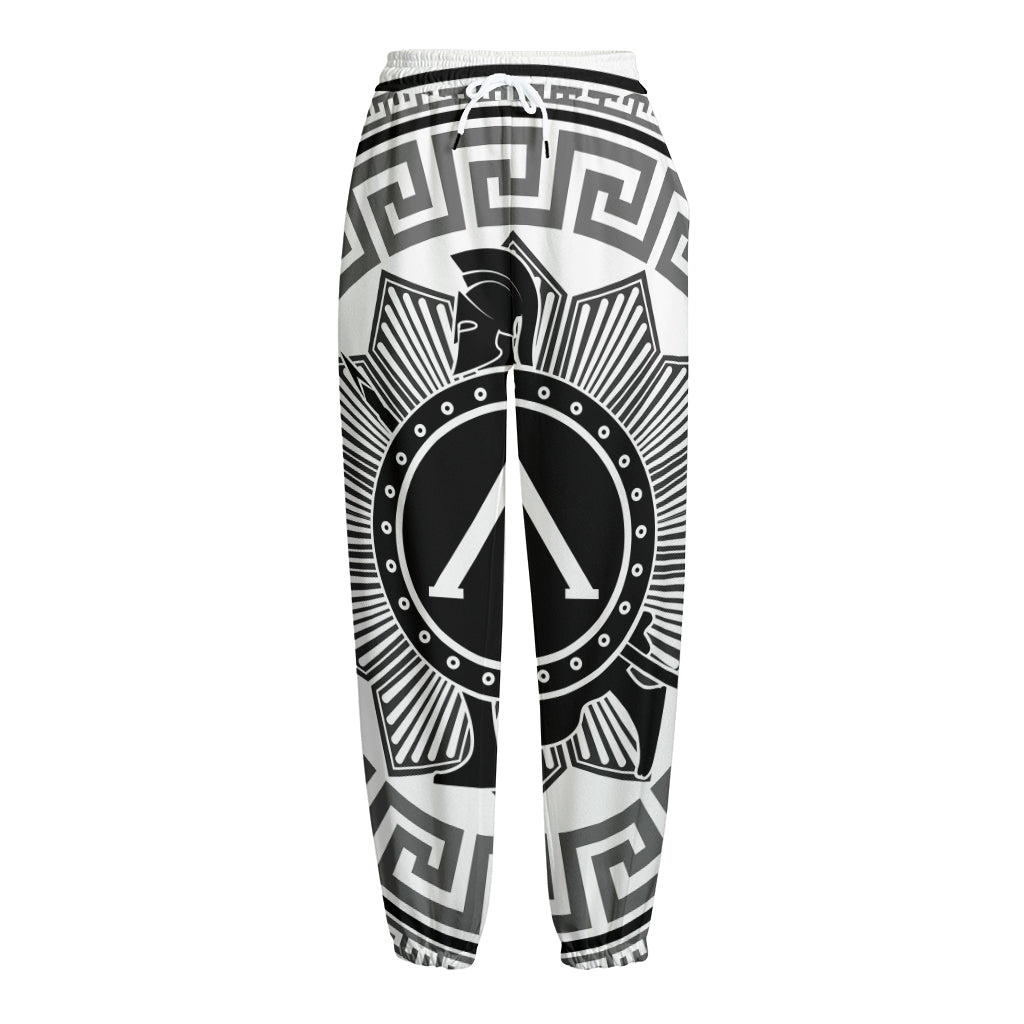 Black And White Spartan Warrior Print Fleece Lined Knit Pants