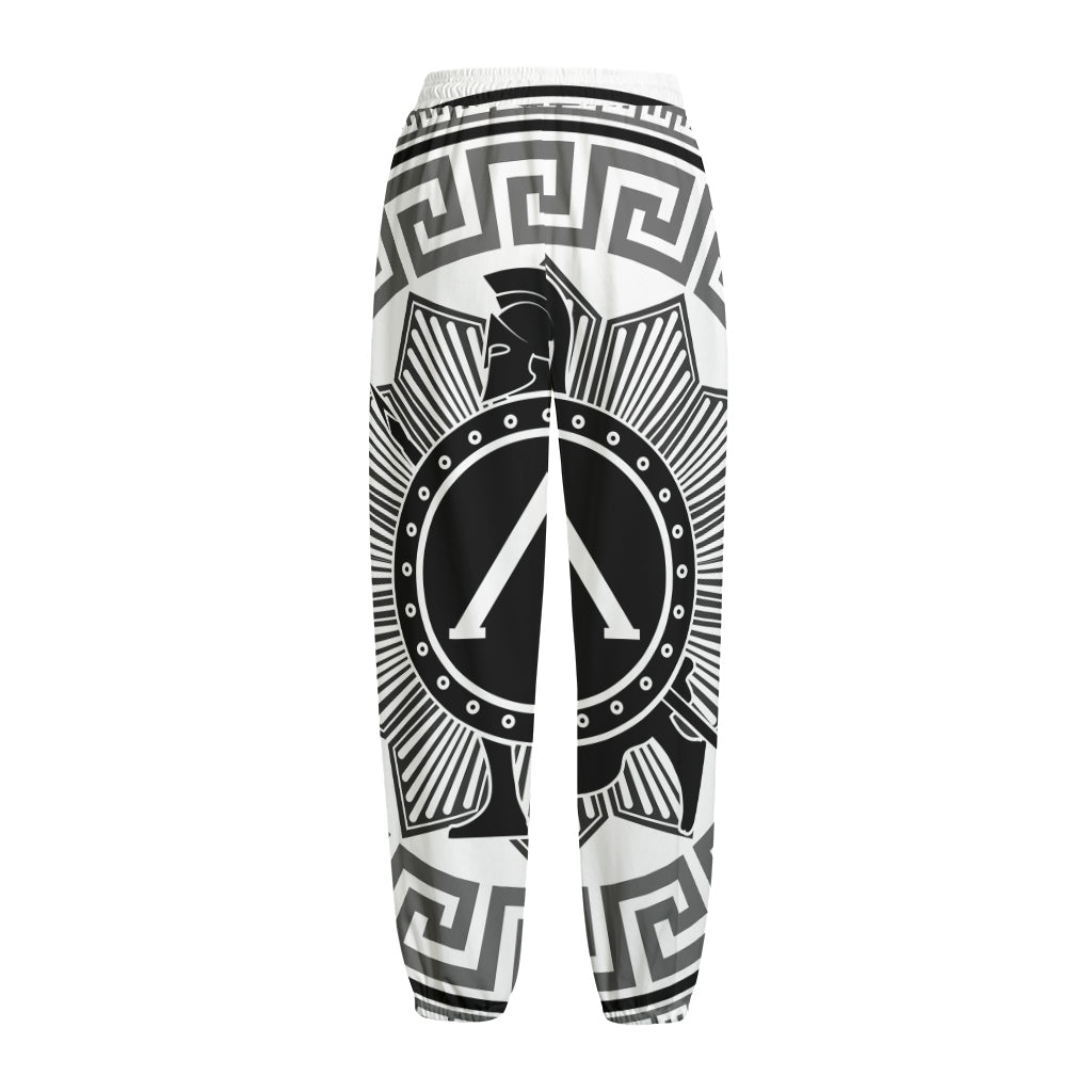 Black And White Spartan Warrior Print Fleece Lined Knit Pants