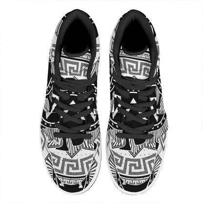 Black And White Spartan Warrior Print High Top Leather Sneakers