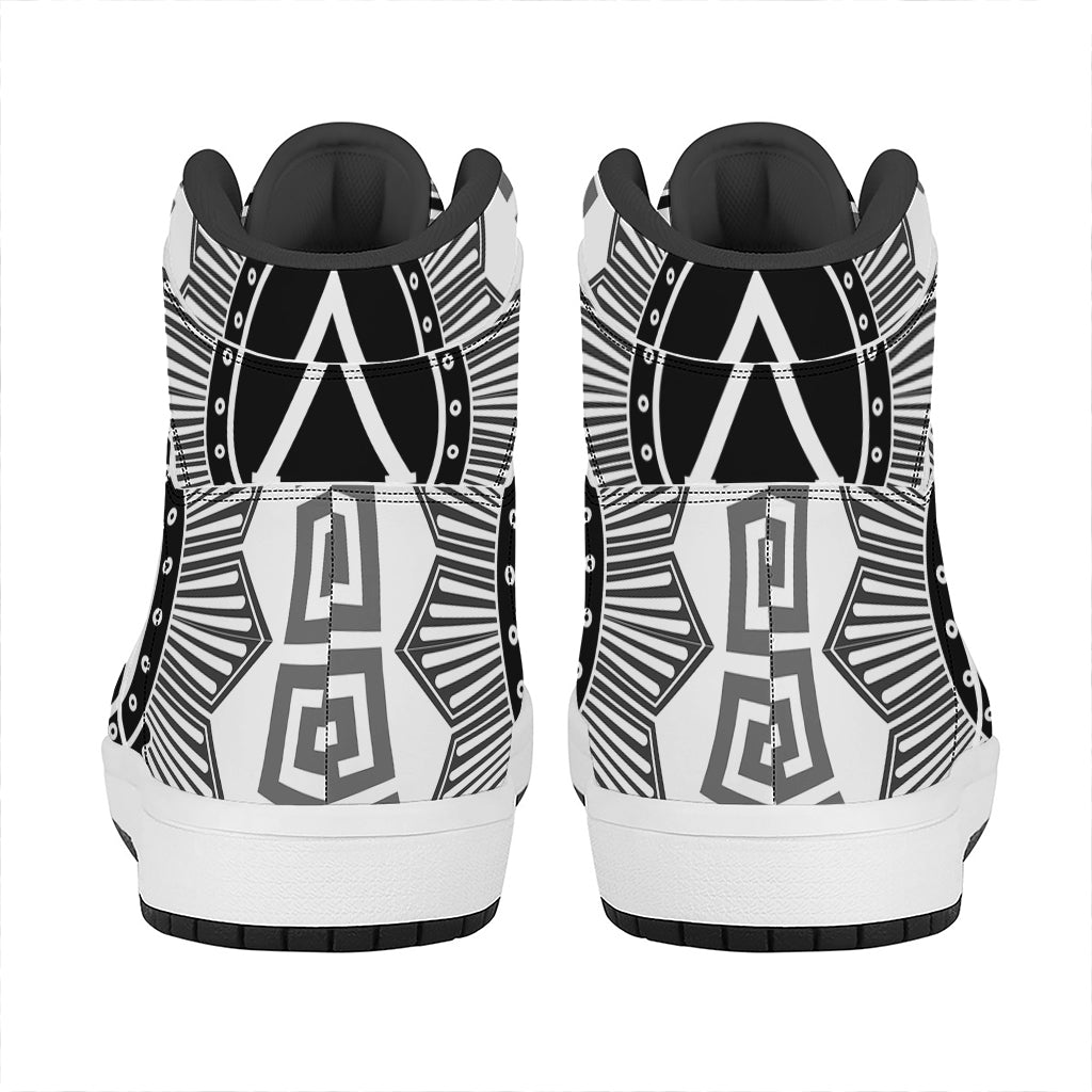 Black And White Spartan Warrior Print High Top Leather Sneakers