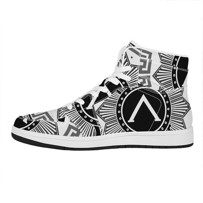 Black And White Spartan Warrior Print High Top Leather Sneakers