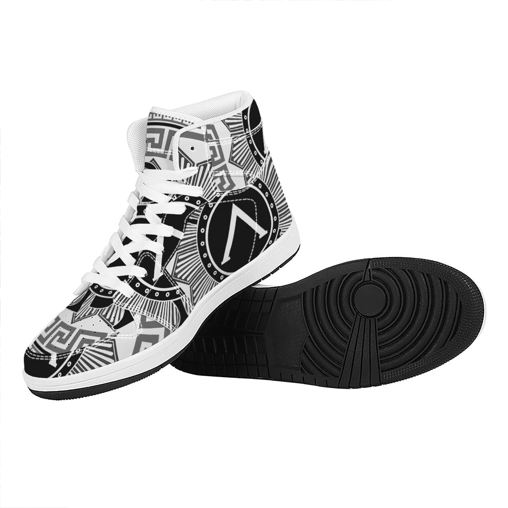 Black And White Spartan Warrior Print High Top Leather Sneakers