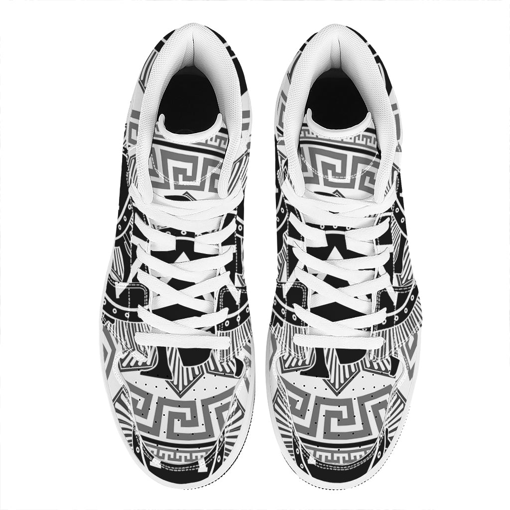 Black And White Spartan Warrior Print High Top Leather Sneakers