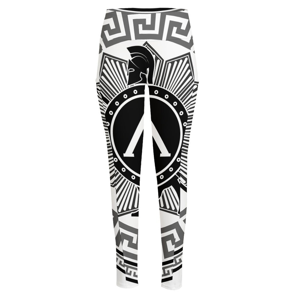 Black And White Spartan Warrior Print High-Waisted Pocket Leggings