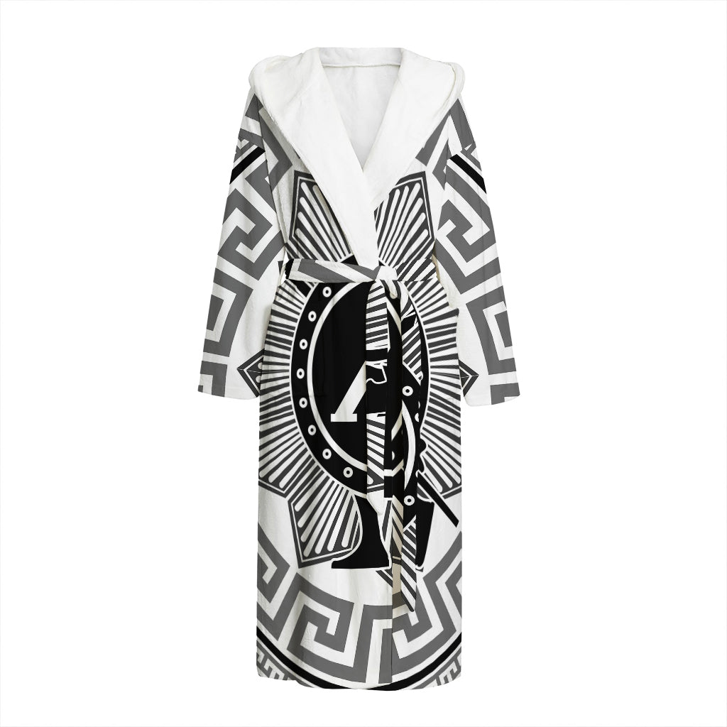 Black And White Spartan Warrior Print Hooded Bathrobe