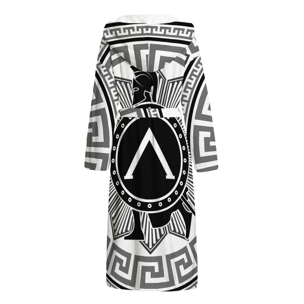 Black And White Spartan Warrior Print Hooded Bathrobe