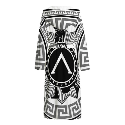 Black And White Spartan Warrior Print Hooded Bathrobe