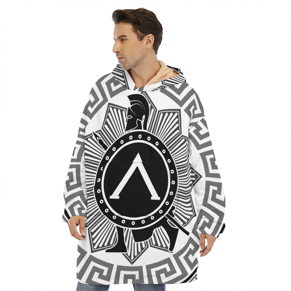 Black And White Spartan Warrior Print Hoodie Blanket