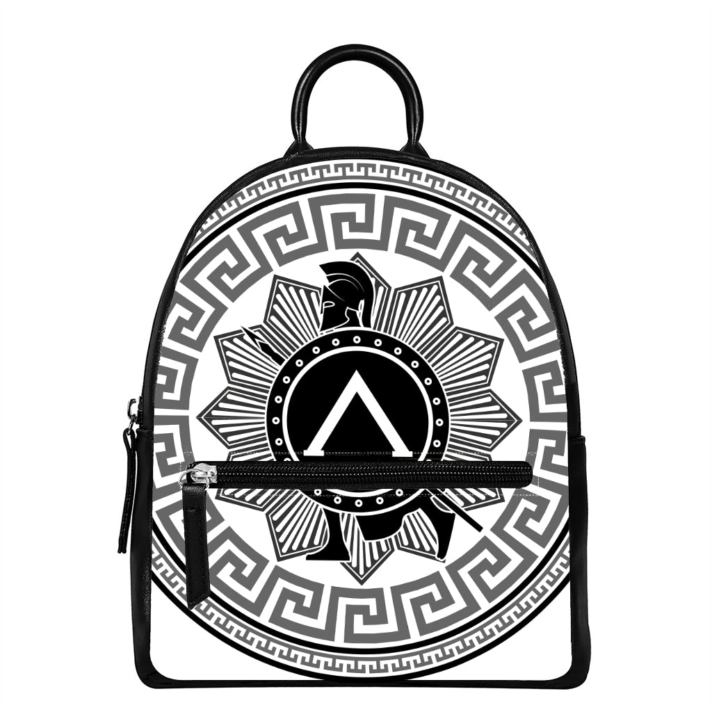 Black And White Spartan Warrior Print Leather Backpack
