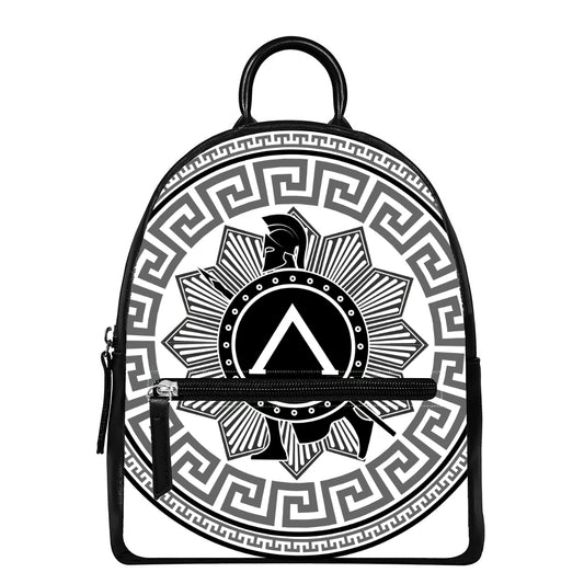 Black And White Spartan Warrior Print Leather Backpack