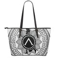 Black And White Spartan Warrior Print Leather Tote Bag With Zipper