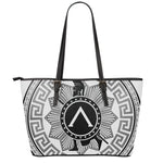 Black And White Spartan Warrior Print Leather Tote Bag