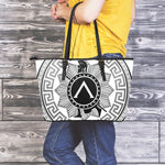 Black And White Spartan Warrior Print Leather Tote Bag