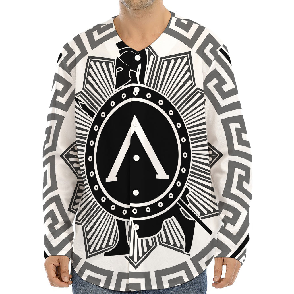Black And White Spartan Warrior Print Long Sleeve Baseball Jersey