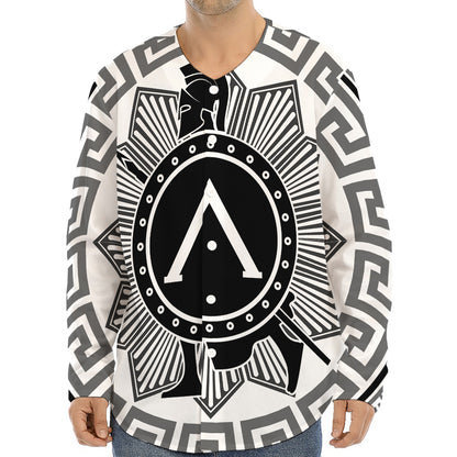 Black And White Spartan Warrior Print Long Sleeve Baseball Jersey