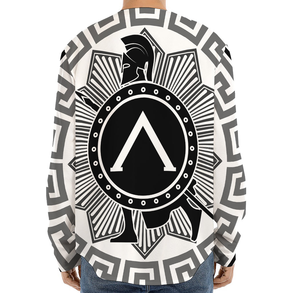 Black And White Spartan Warrior Print Long Sleeve Baseball Jersey