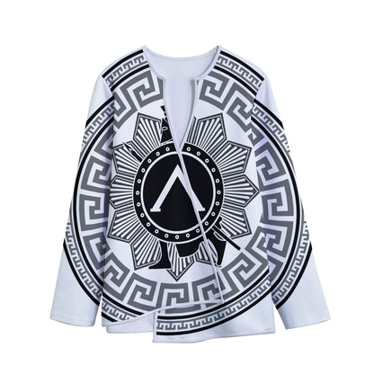Black And White Spartan Warrior Print Long Sleeve Short Coat