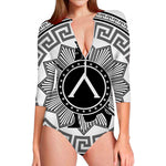Black And White Spartan Warrior Print Long Sleeve Swimsuit