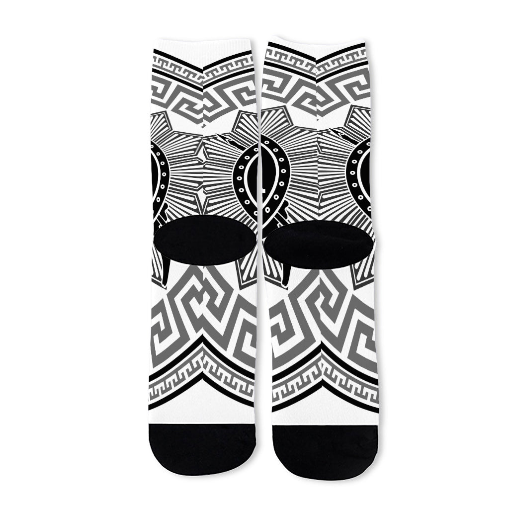 Black And White Spartan Warrior Print Long Socks