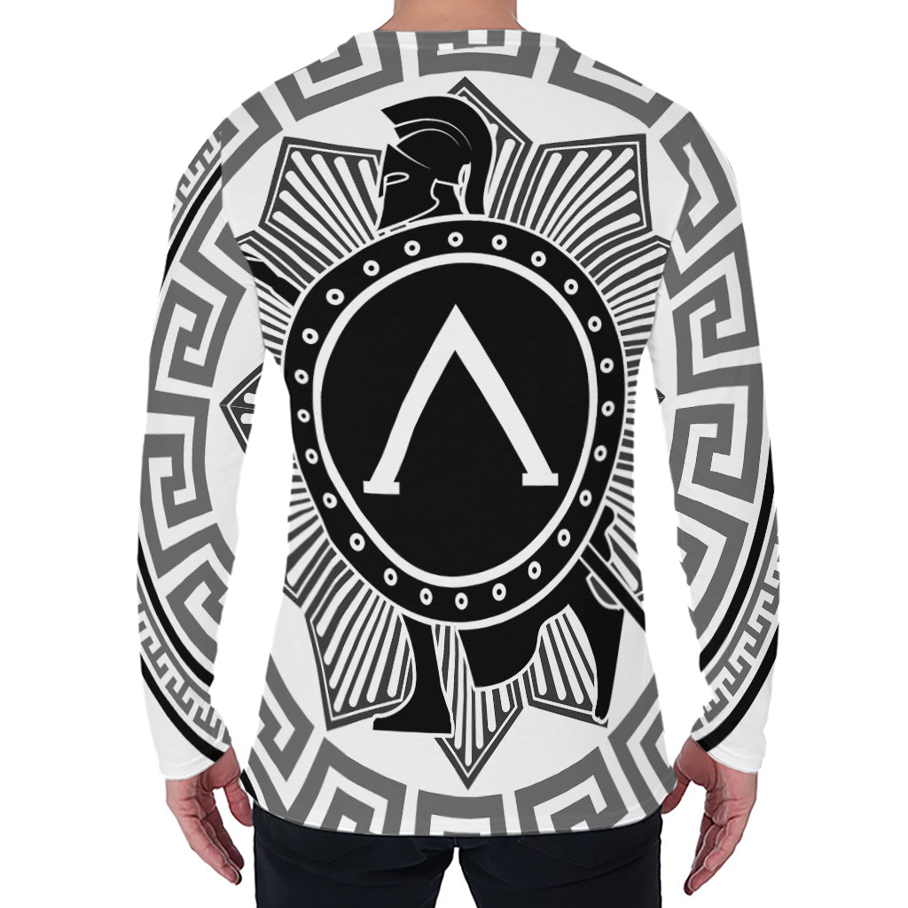 Black And White Spartan Warrior Print Men's Long Sleeve T-Shirt
