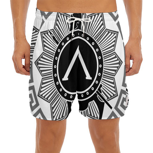 Black And White Spartan Warrior Print Men's Split Running Shorts