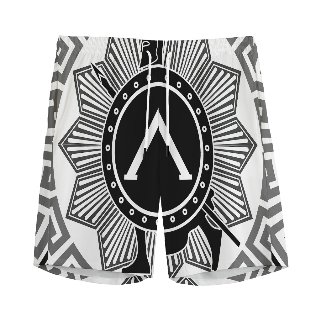 Black And White Spartan Warrior Print Men's Sports Shorts