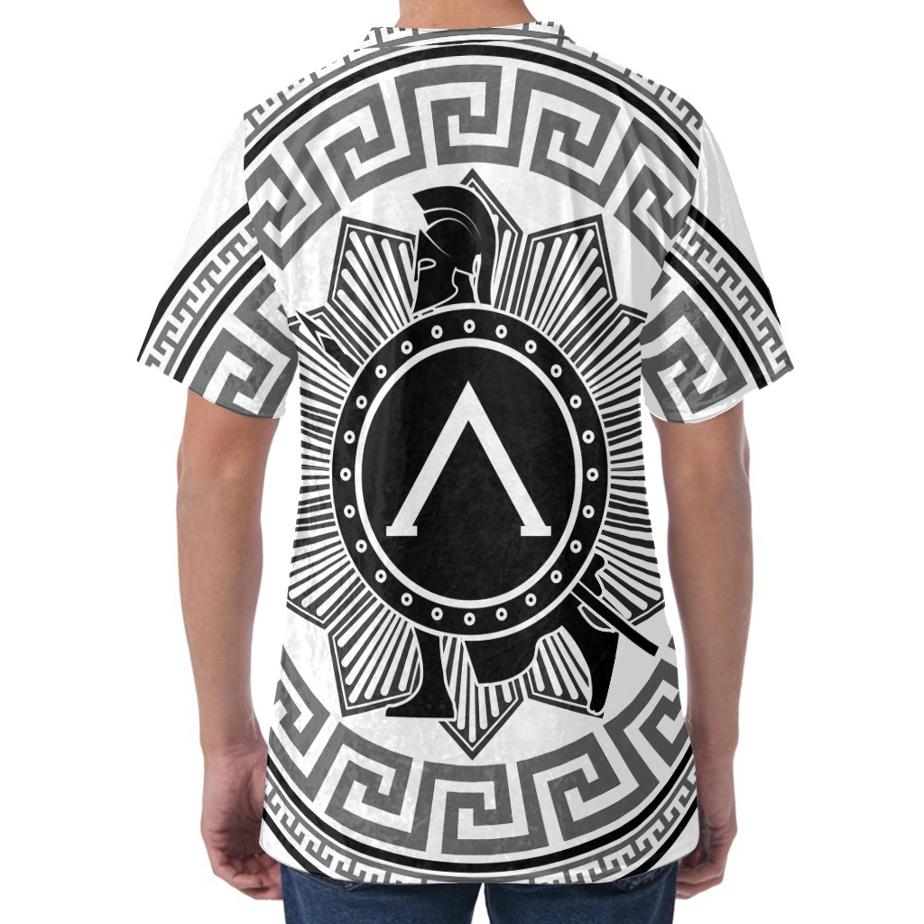 Black And White Spartan Warrior Print Men's Velvet T-Shirt