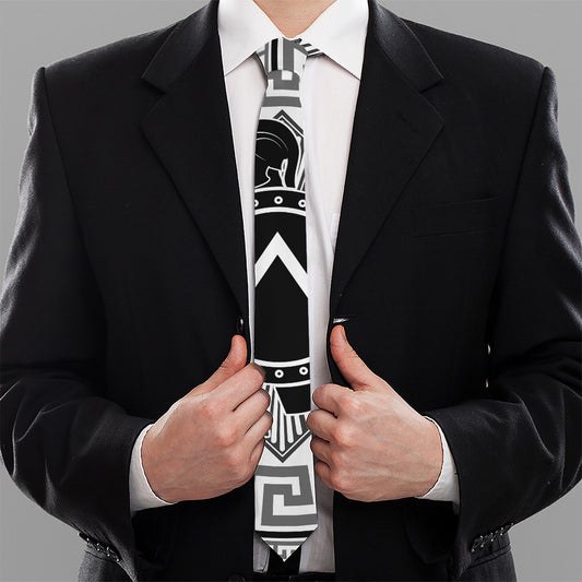 Black And White Spartan Warrior Print Necktie